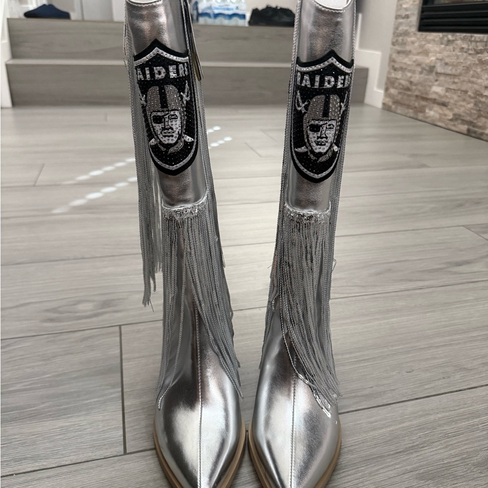 NFL Silver Metallic Fringe Heeled Boots with Raiders Patch
